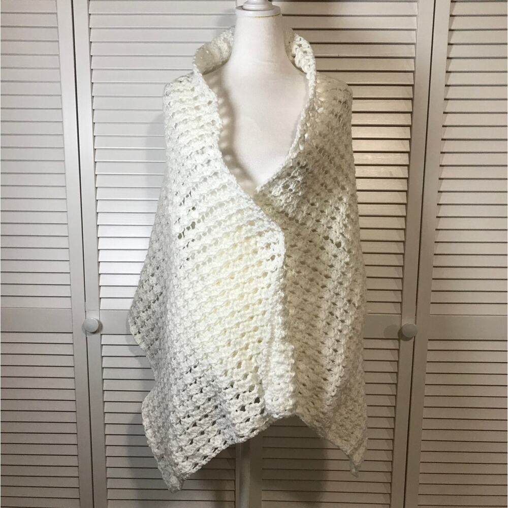 Handmade Crocheted White Shawl 63”